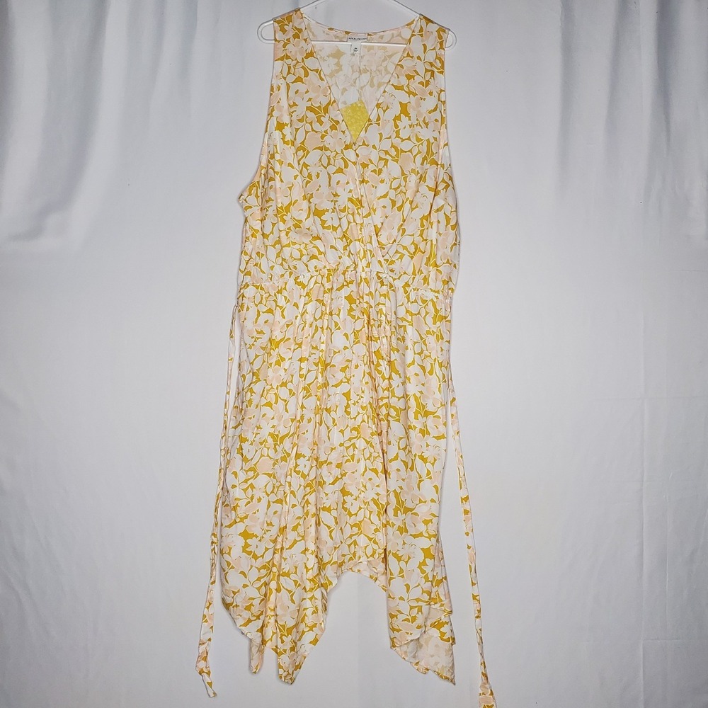 Ava Viv Dress 4X Yellow Floral Belted‎ Sleeveless Asymetric Empire V-Neck Wrap